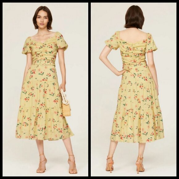 💕PALOMA BLUE💕 Evie Gathered Floral-Print Crepe Midi Dress Yellow Medium M NWOT - Picture 7 of 16